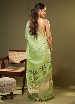 Green Linen Silk Saree With Blouse Piece
