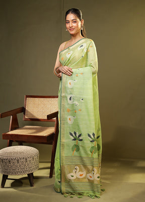 Green Linen Silk Saree With Blouse Piece