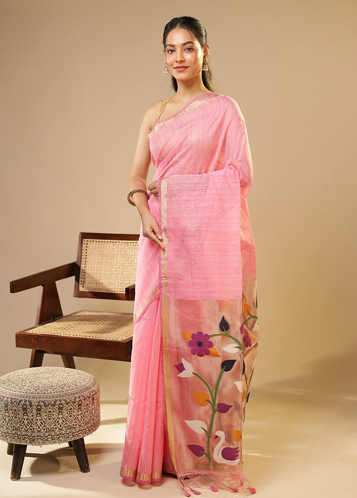 Pink Linen Silk Saree With Blouse Piece