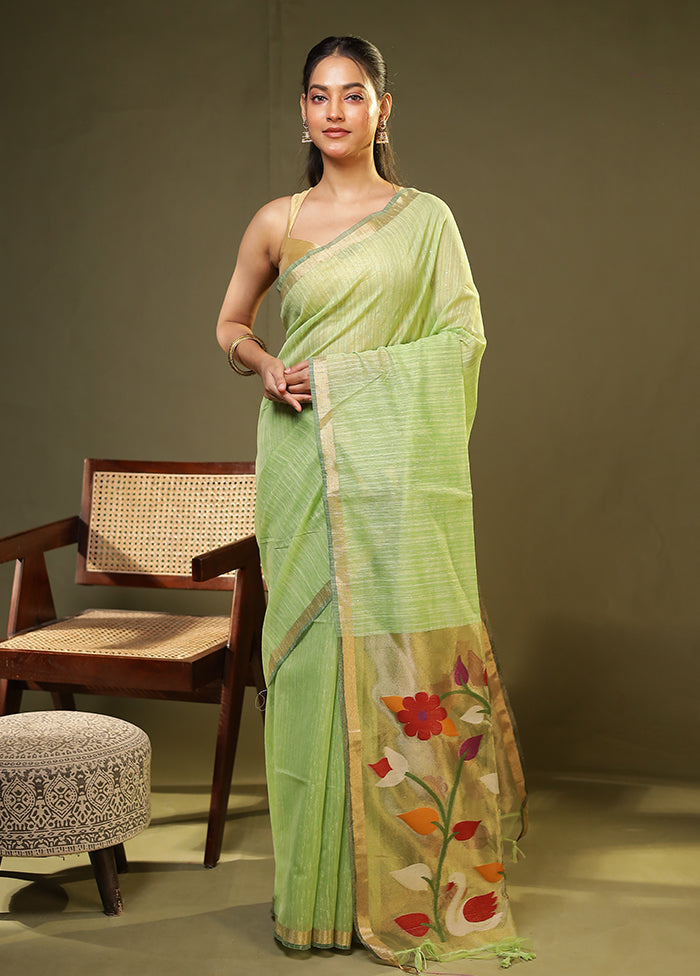 Green Linen Silk Saree With Blouse Piece