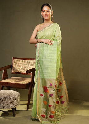 Green Linen Silk Saree With Blouse Piece
