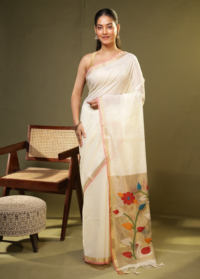 White Linen Silk Saree With Blouse Piece