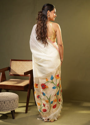 White Linen Silk Saree With Blouse Piece