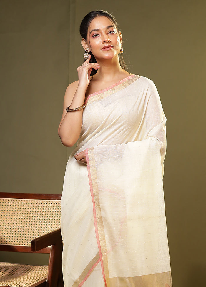 White Linen Silk Saree With Blouse Piece