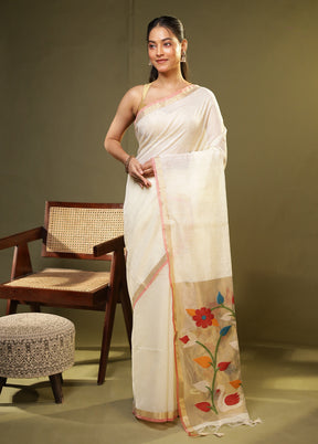 White Linen Silk Saree With Blouse Piece