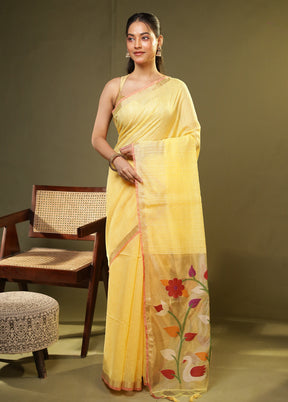 Yellow Linen Silk Saree With Blouse Piece