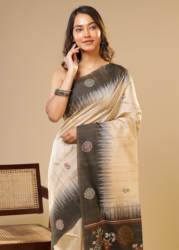 Cream Linen Silk Saree With Blouse Piece