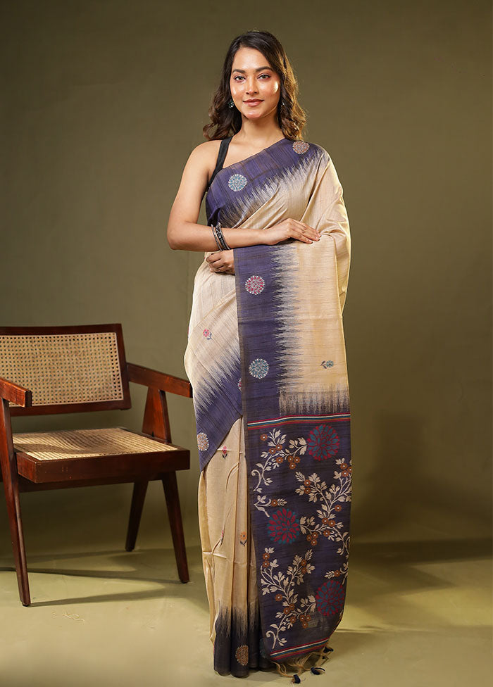 Cream Linen Silk Saree With Blouse Piece