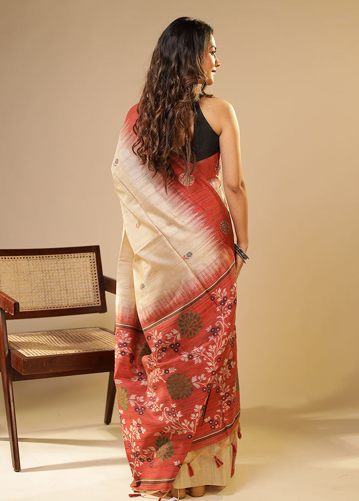 Cream Linen Silk Saree With Blouse Piece