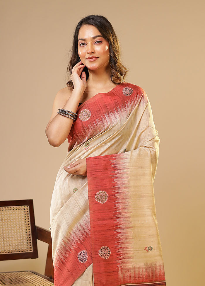 Cream Linen Silk Saree With Blouse Piece
