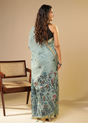 Blue Linen Silk Saree With Blouse Piece