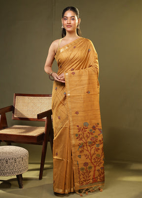Yellow Linen Silk Saree With Blouse Piece