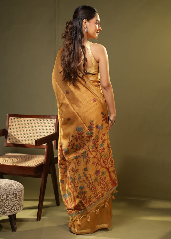 Yellow Linen Silk Saree With Blouse Piece