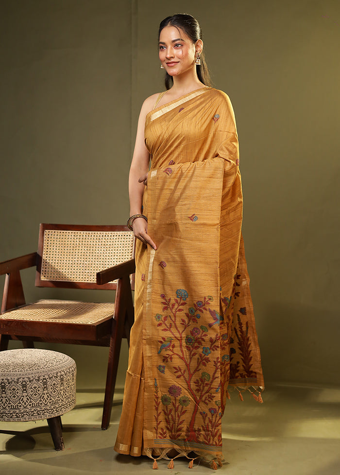 Yellow Linen Silk Saree With Blouse Piece