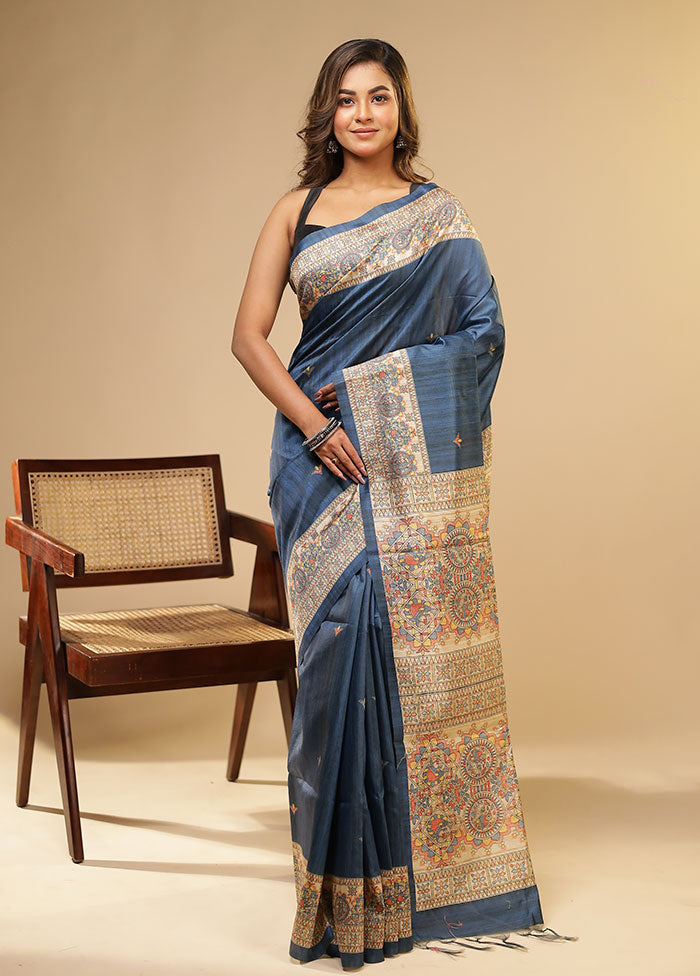 Blue Tussar Silk Saree With Blouse Piece