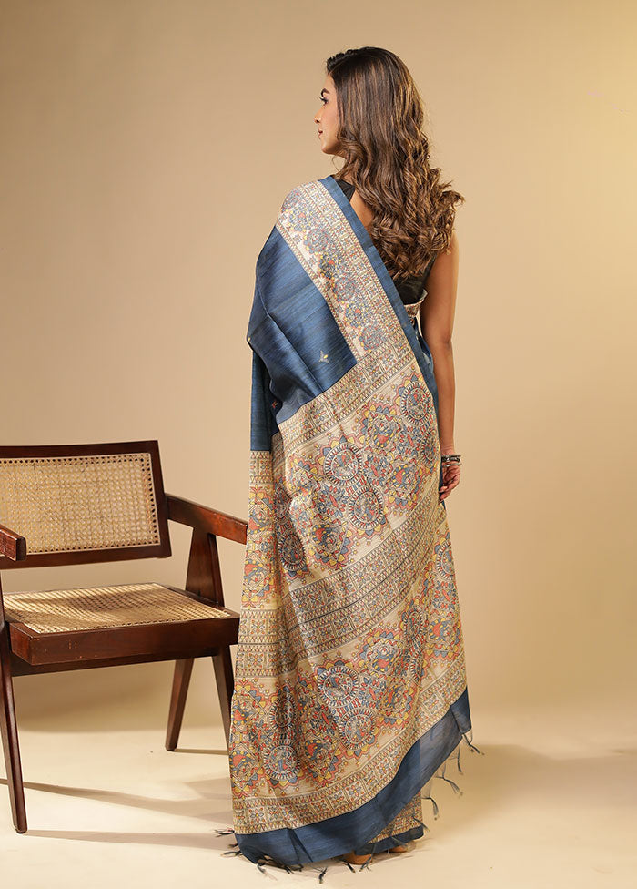 Blue Tussar Silk Saree With Blouse Piece