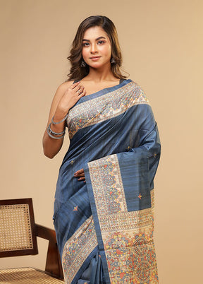 Blue Tussar Silk Saree With Blouse Piece