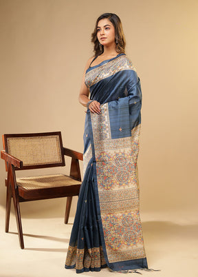 Blue Tussar Silk Saree With Blouse Piece