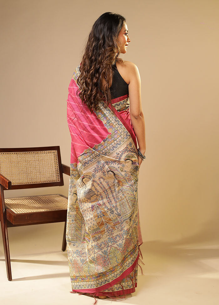 Pink Tussar Silk Saree With Blouse Piece
