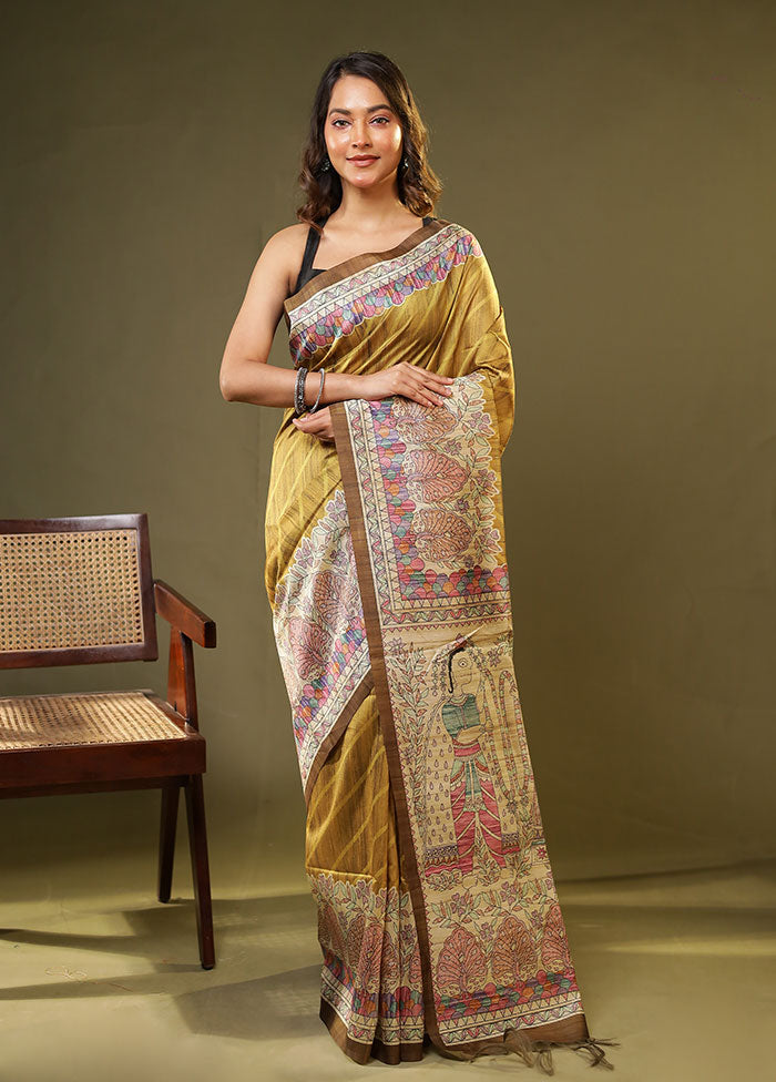 Yellow Tussar Silk Saree With Blouse Piece