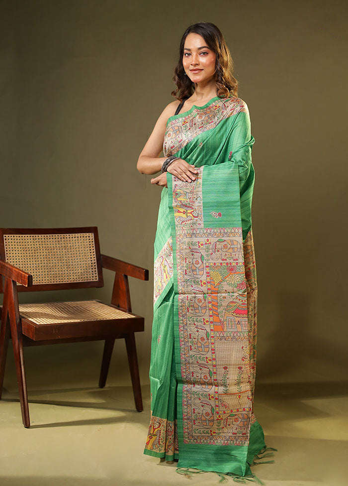 Green Tussar Silk Saree With Blouse Piece