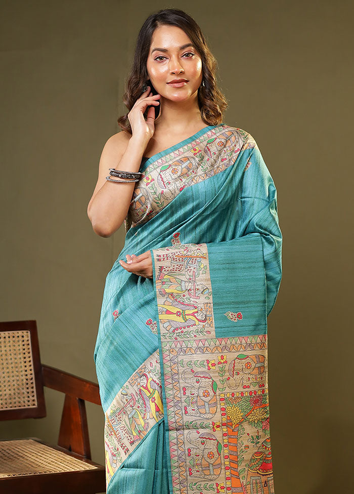Blue Tussar Silk Saree With Blouse Piece