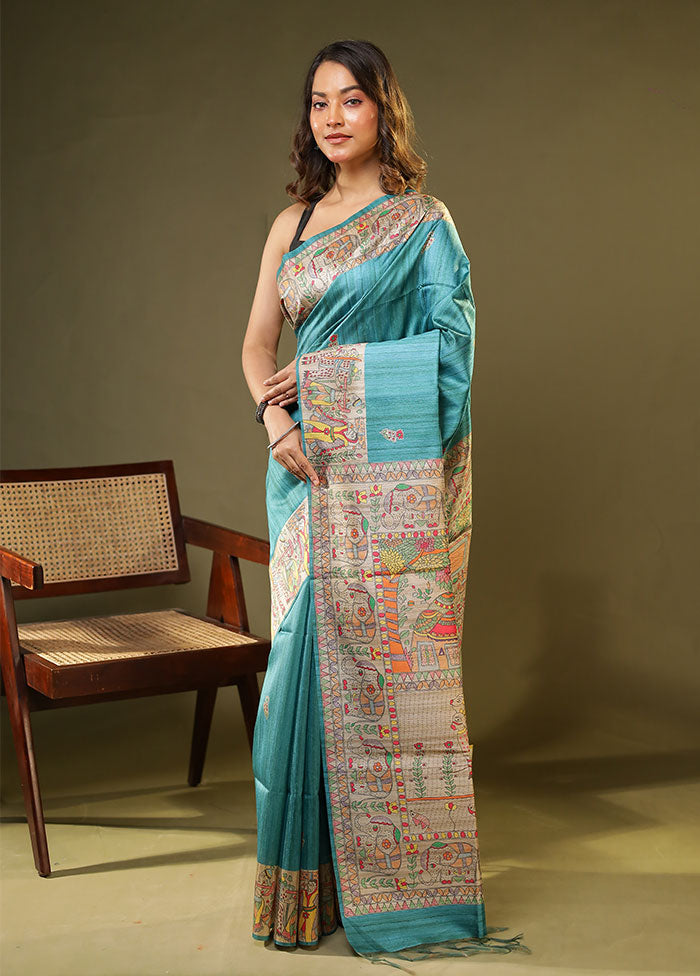 Blue Tussar Silk Saree With Blouse Piece