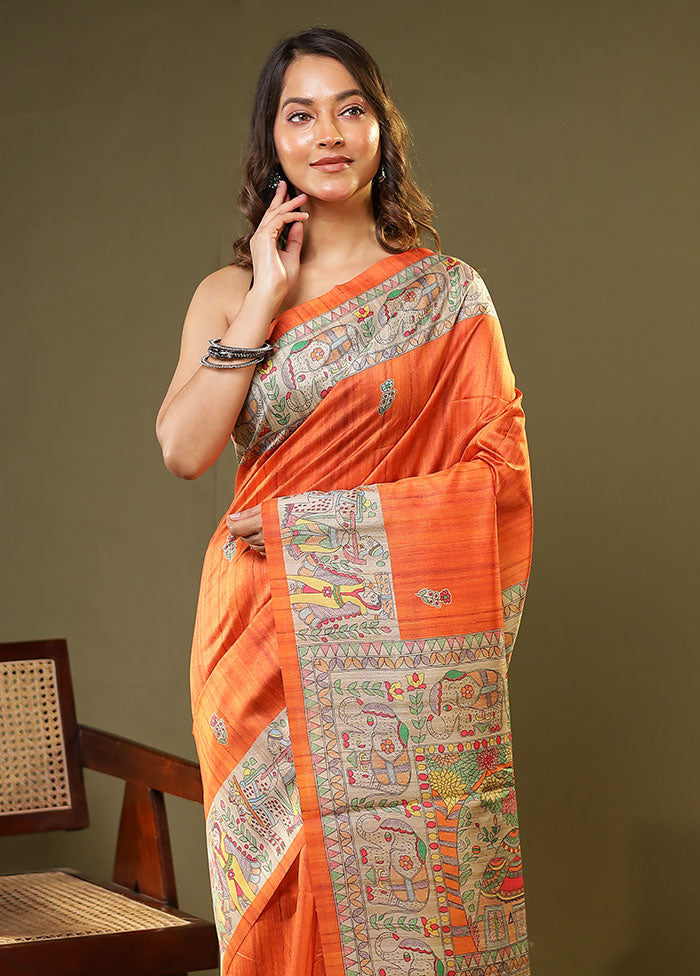 Orange Tussar Silk Saree With Blouse Piece