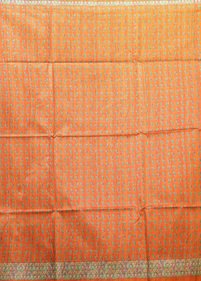 Orange Tussar Silk Saree With Blouse Piece