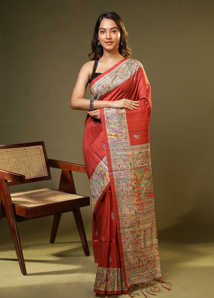 Maroon Tussar Silk Saree With Blouse Piece