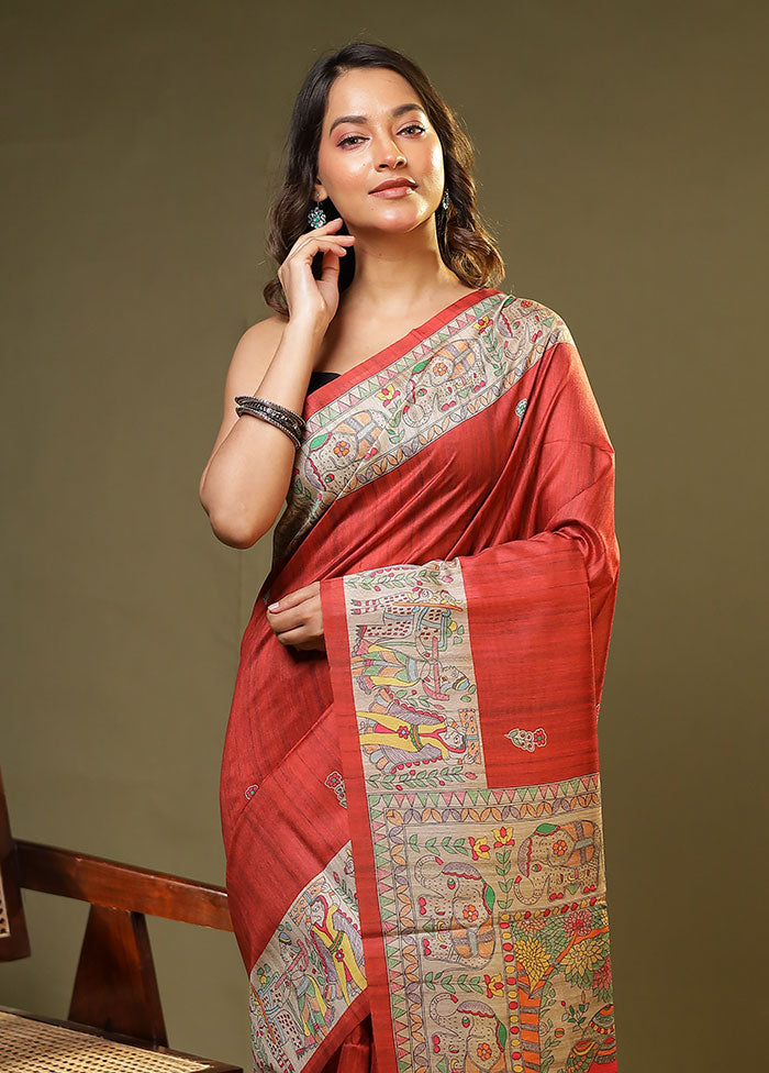 Maroon Tussar Silk Saree With Blouse Piece