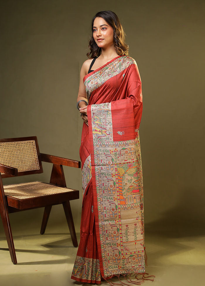 Maroon Tussar Silk Saree With Blouse Piece