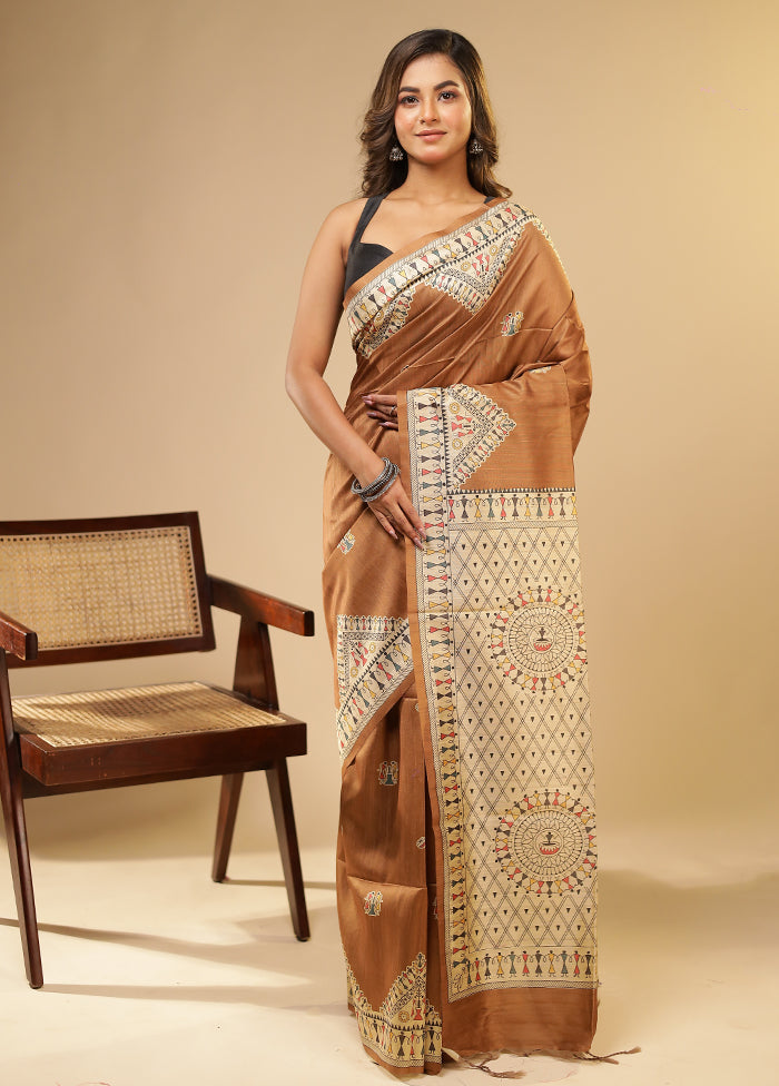 Rust Tussar Silk Saree With Blouse Piece