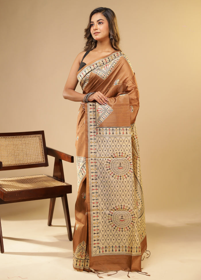 Rust Tussar Silk Saree With Blouse Piece