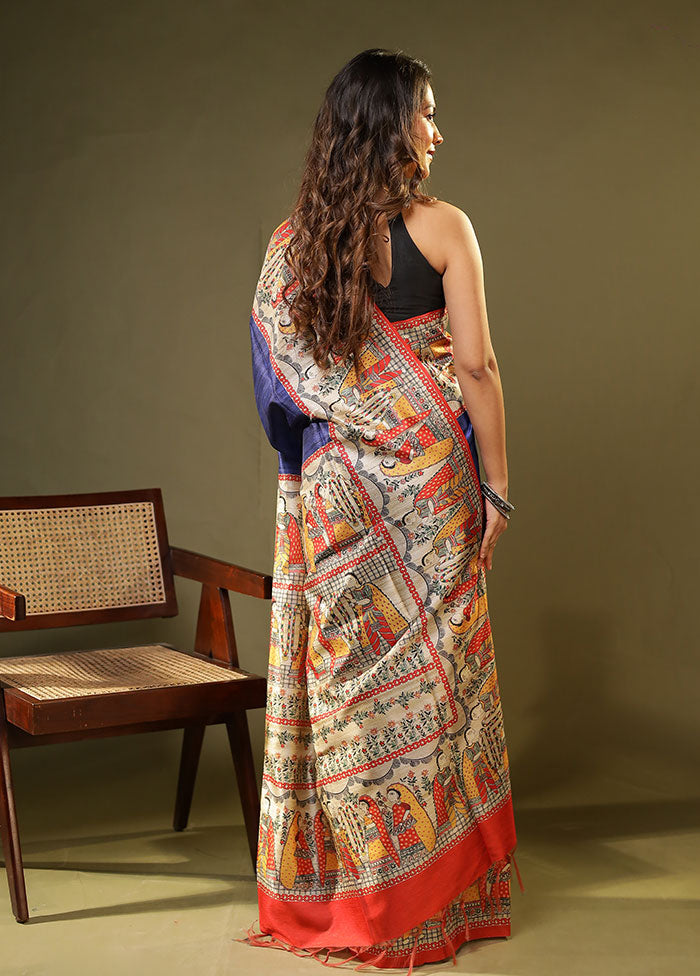 Blue Tussar Silk Saree With Blouse Piece