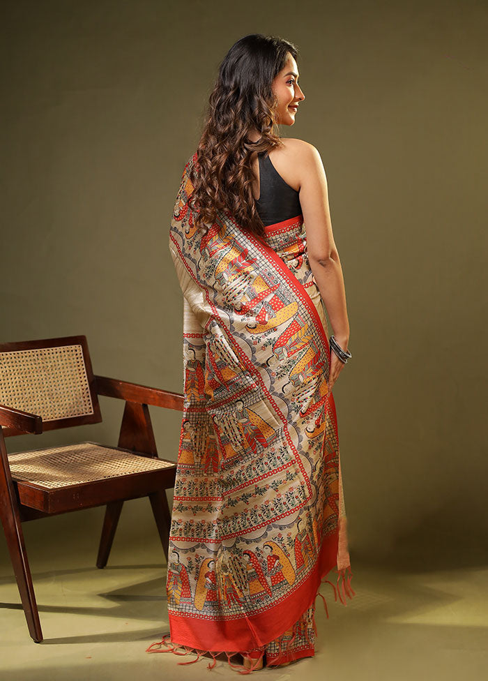 Cream Tussar Silk Saree With Blouse Piece