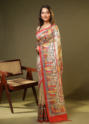 Cream Tussar Silk Saree With Blouse Piece