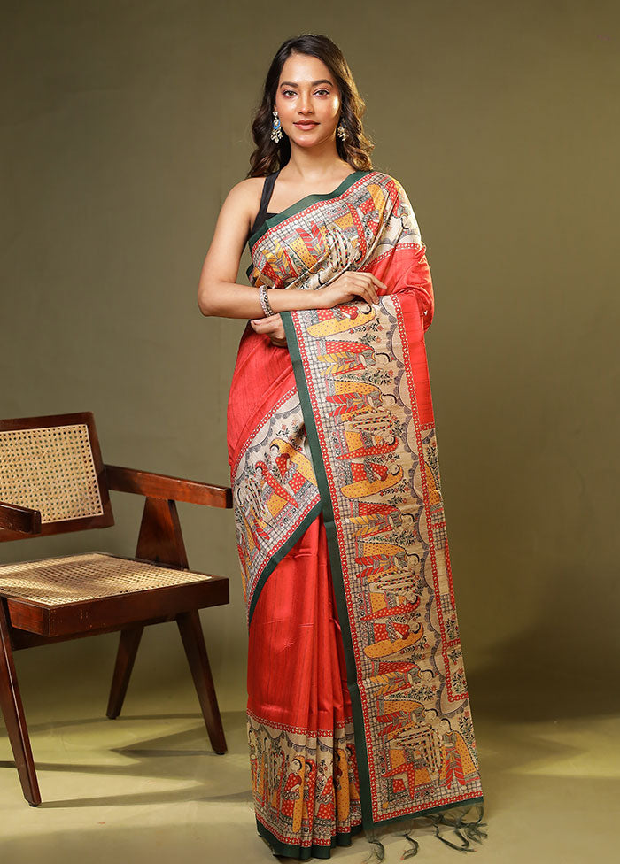 Red Tussar Silk Saree With Blouse Piece