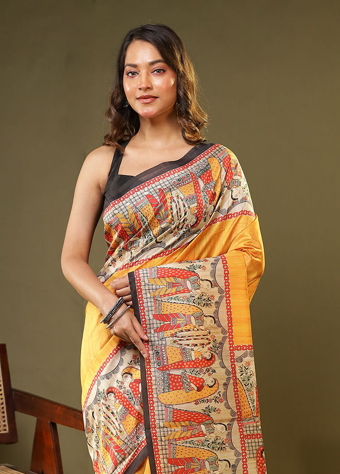 Yellow Tussar Silk Saree With Blouse Piece