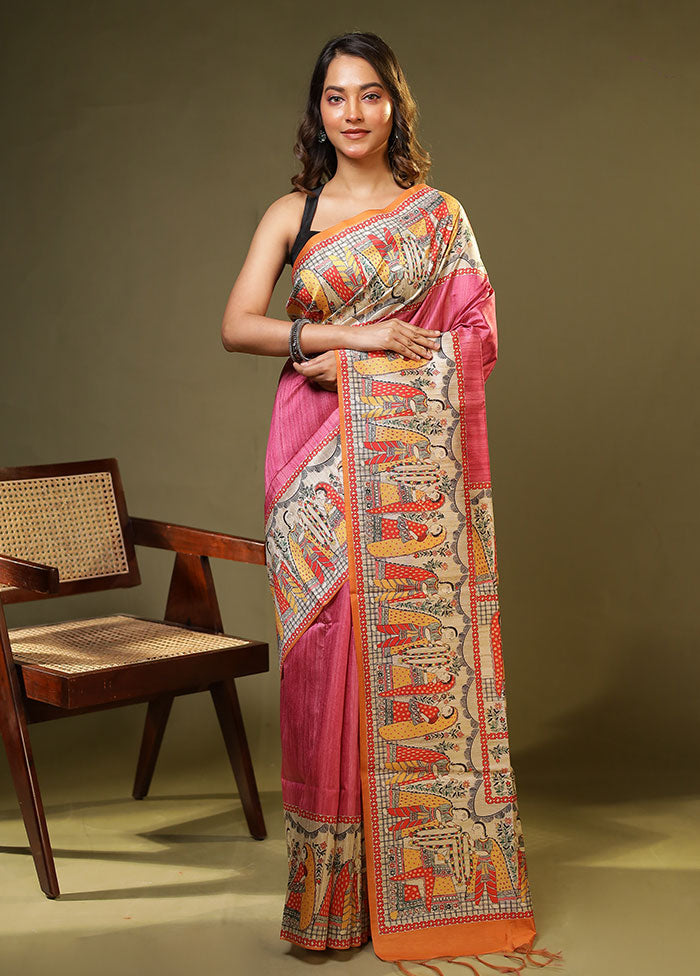 Pink Tussar Silk Saree With Blouse Piece