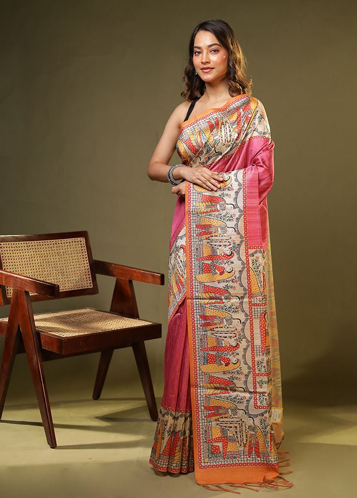Pink Tussar Silk Saree With Blouse Piece