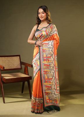 Orange Tussar Silk Saree With Blouse Piece