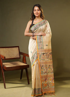 Cream Tussar Silk Saree With Blouse Piece
