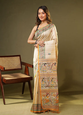 Cream Tussar Silk Saree With Blouse Piece