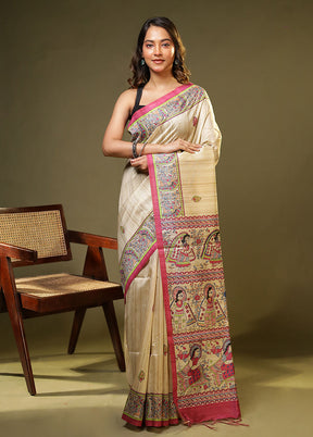 Cream Tussar Silk Saree With Blouse Piece