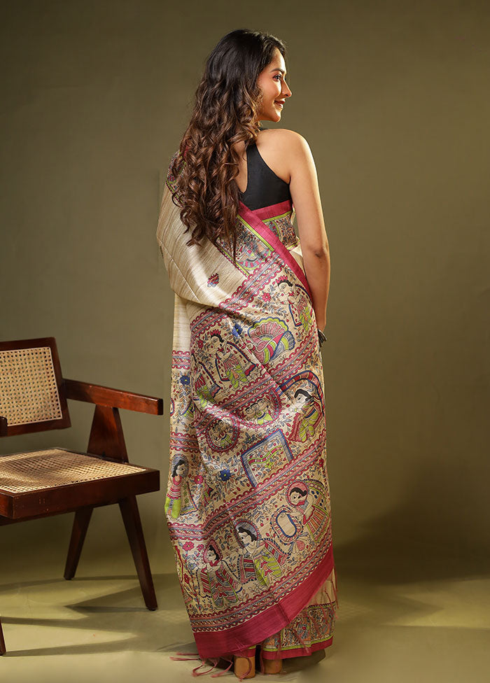 Cream Tussar Silk Saree With Blouse Piece