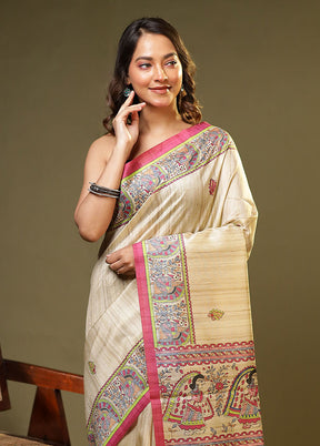 Cream Tussar Silk Saree With Blouse Piece