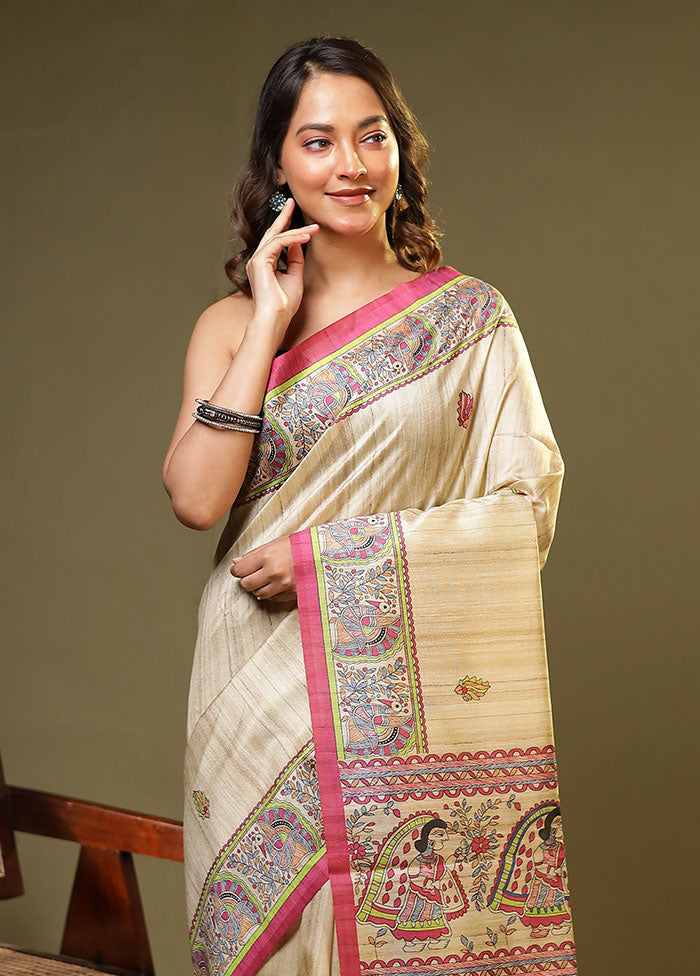 Cream Tussar Silk Saree With Blouse Piece