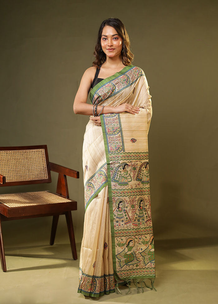 Cream Tussar Silk Saree With Blouse Piece