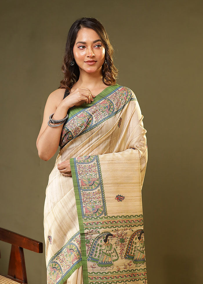 Cream Tussar Silk Saree With Blouse Piece